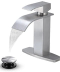 Modern Single Handle Gold Vessel Sink Faucet With Brushed Gold Finish, Tall Bathroom Vanity Tap, water flowing, drain plug shown.