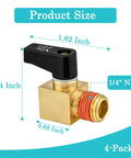 Heavy Duty Brass 4 Pack Air Compressor Drain Valve Set for 1/4 Inch NPT Ports, shown with dimensions and manual ball valve