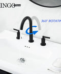 Widespread Three Hole Brushed Gold Bathroom Faucet With Two Handles Modern Brass Vanity Sink Faucet Includes Supply Hoses And Pop Up Drain Stopper For Easy Install showing 360-degree rotation on white sink