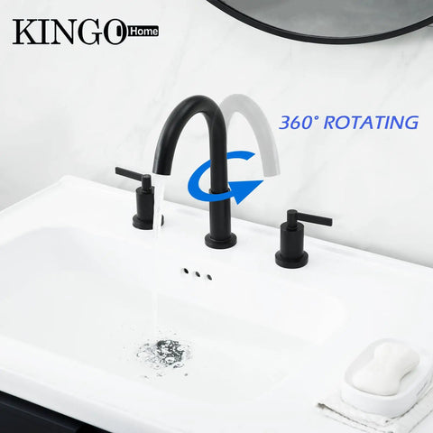 Widespread Three Hole Brushed Gold Bathroom Faucet With Two Handles Modern Brass Vanity Sink Faucet Includes Supply Hoses And Pop Up Drain Stopper For Easy Install showing 360-degree rotation on white sink