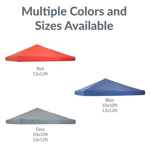 Three canopy tops in red, blue, and gray with sizes 12x12 ft and 10x10 ft displayed. 12x12 Canopy Replacement Top For Pop Up Shade Heavy Duty PU Coated 150D Oxford Fabric Gray Cover Only Built Tough And Weather Resistant Replacement Canopy Panel For Easy Outdoor Shelter.