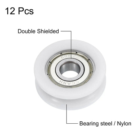 U608ZZ U Groove Ball Bearings, 8x30x10mm, chrome steel and nylon hybrids, double shielded for smooth motion.