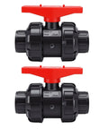 Top Shelf UPVC Union Ball Valve With Double Socket Slip Design For 25mm Pipes, featuring red handles and durable construction.