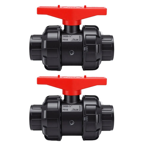 Top Shelf UPVC Union Ball Valve With Double Socket Slip Design For 25mm Pipes, featuring red handles and durable construction.