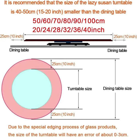 Size recommendation diagram for Large 36 Inch Tempered Glass Lazy Susan Turntable With Silent Smooth 360 Rotation.