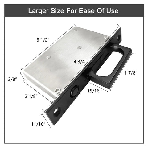 Pocket Door Edge Pull Sliding Door Handle With Embedded Hidden Pocket Design Black 1 Pack, showing dimensions and stainless steel finish.
