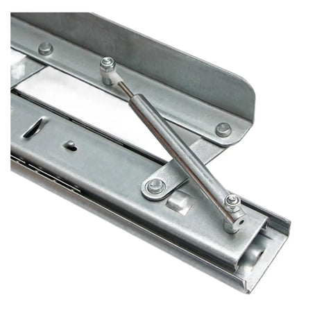 Close-up of heavy duty ball bearing drawer slides with auto soft close dampers for smooth glide extension tracks.
