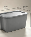 Heavy Duty 30 Gallon Plastic Storage Bin With A No Hassle Snap Closure Built Tough For Massive Household Items Plus Plenty Of Room For Seasonal Gear dimensions shown.