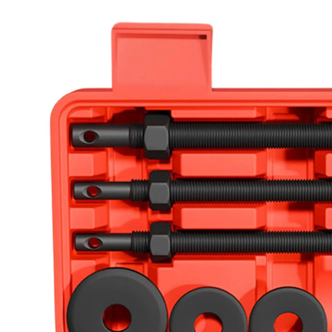 Pro Gear Hub Bearing Extractor Kit With Slip Grip Handles And Quick Release Collets For Road Bikes showing black steel tools in red storage case.