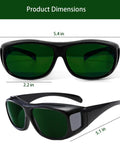 Heavy Duty Ipl Laser Safety Glasses With Green Lens And Uv Guard For Tanning Beds Red Light Therapy And Infrared Welding dimensions shown