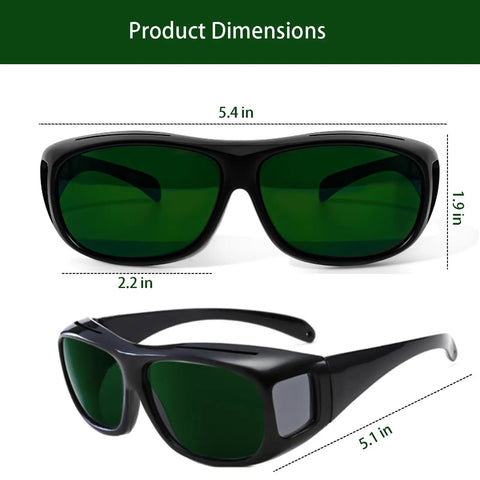 Heavy Duty Ipl Laser Safety Glasses With Green Lens And Uv Guard For Tanning Beds Red Light Therapy And Infrared Welding dimensions shown