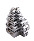 Heavy Duty 304 Stainless Steel Hidden Door Hinges Zero Visible Seams Sleek Concealed Folding Hardware stacked in various sizes.