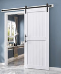 Slick White Barn Door With Solid Wood Core And Waterproof Vinyl Panel Including H Frame Sliding Hardware Kit Plus Handle, 36x84 inches.