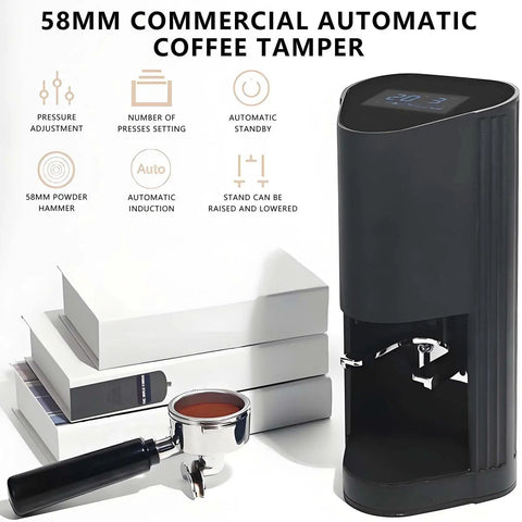 Automatic Espresso Tamper With Smart Digital Screen, 58 Mm Stainless Steel Coffee Press beside black electric tamper.