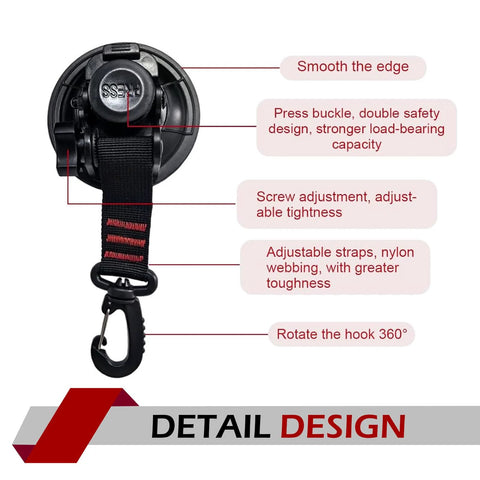 Close-up of 2 Pack Heavy Duty Car Suction Cup Hooks with strong anchor, nylon strap, and swivel hook showing detailed design features.