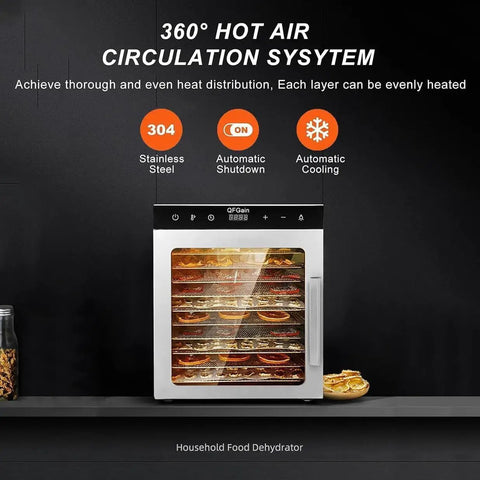 Heavy Duty 1000W Commercial Food Dehydrator With Ten Slick Stainless Trays showcasing 360° hot air circulation and evenly heated layers.