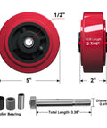 Heavy Duty Polyurethane Caster Wheel 5 Inch By 2 Inch Replacement Set Of 4 Non Marking Tread On Polyolefin Core With Roller Bearing