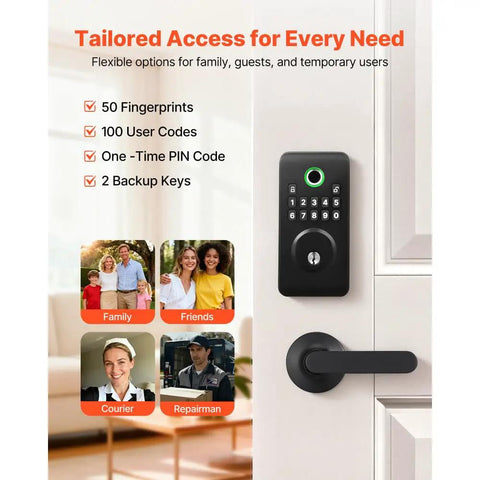 Matte Black Fingerprint Door Lock Set With Easy Grip Lever And Advanced Biometric Scanner For Hassle Free Keyless Entry Rock Solid Front Door Deadbolt Hardware with code options and user images.