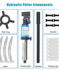 Heavy Duty 10 Ton Hydraulic Puller Set With Precision Swappable Two Or Three Jaw Bearing Separator components including jaws, pump body, puller ring.