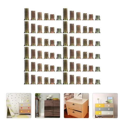 105 Piece Screw In Nuts Threaded Insert Kit For Wooden Furniture Carbon Steel Heavy Duty Easy To Install And Will Not Slip In Humid Indoor Environments T Nut Hardware For Durable Grips Tight Furniture Installations displayed with furniture examples.