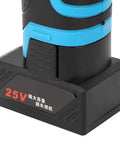 Close-up of a 25V battery for the Rock Solid 25V Cordless Drill Driver, showcasing its sturdy design for home repairs.