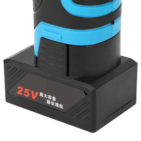 Close-up of a 25V battery for the Rock Solid 25V Cordless Drill Driver, showcasing its sturdy design for home repairs.