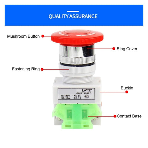 Mushroom Head Emergency Stop Push Switch Built Tough For Heavy Duty Gear With No Hassle Self Locking Design and Straight Shooting Screw Terminal Wiring Harness Control Panel Mount, showcasing mushroom button and connection points.