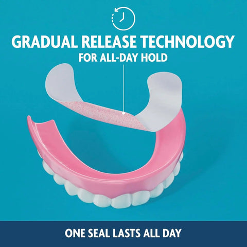 Original Flavor Denture Adhesive Seal For Lower Dentures, Zinc Free, All Day Hold, Mess Free, 30 Count Pack on pink denture model