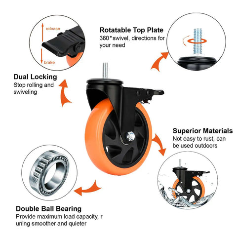 Killer 5 Inch PVC Swivel Casters With Tight Dual Lock Brakes And No Nonsense 3/8 Inch 16 X 1 Stud Handling Up To 1500 Lbs showcasing rotatable top plate and dual locking feature.