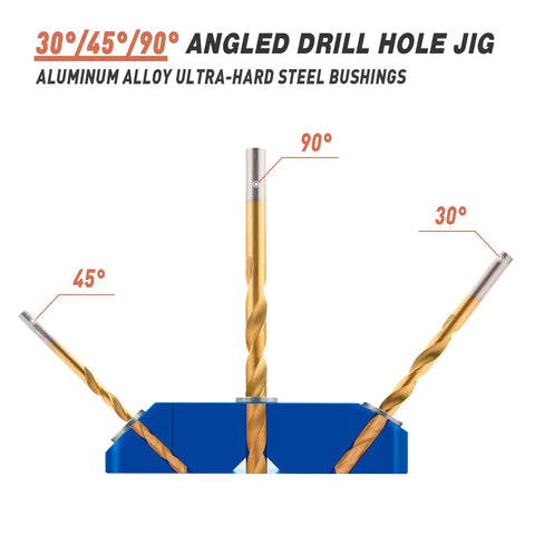 Angled Drill Guide Jig For Cable Railing And Deck Posts With 30 45 90 Degree Holes, all-metal build, blue jig with drill bits