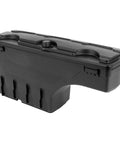 Top Shelf Swing Storage Toolbox For Dodge Ram 1500 2500 3500 Left Side Bolt On Manual Fold Black Abs Plastic Hella Tough Rig Ready Truck Bed Organizer 2002 To 2018 side view showing the hinged lid and storage compartments.