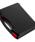 No Fuss Plastic Tool Box Organizer With Sturdy Carry Handle For Nuts Bolts And Fasteners Portable Parts Caddy shown from above in black with red handle.