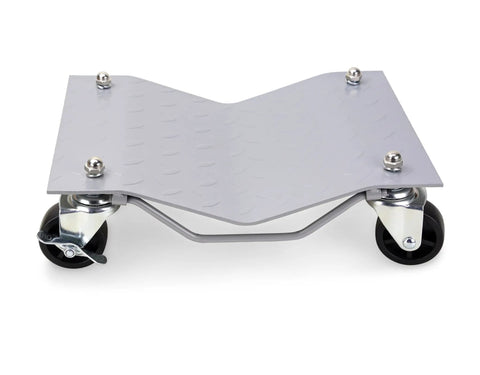 Heavy Duty Rock Solid 6000 Lb Car Wheel Dollies Set Of 4 showing a dolly with diamond plate and swivel roller casters.
