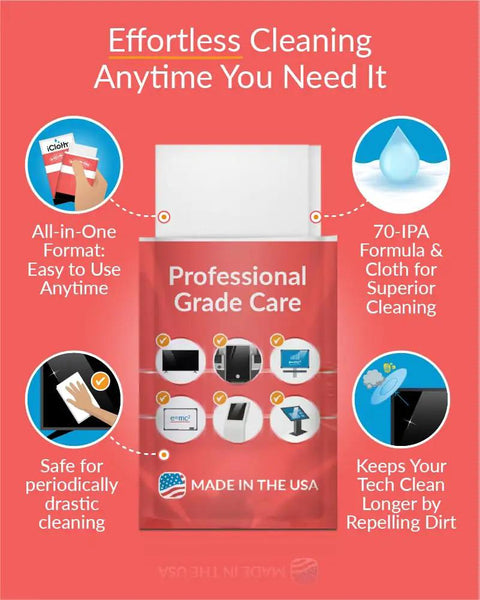 Packaging of XL Pro Grade Electronics Cleaning Wipe For TV Monitor And Laptop 9 By 12 Inch Pre Moistened Cloth With 70 Percent Isopropyl Alcohol Individually Sealed Streak Free Lint Free Restores Optical Clarity.