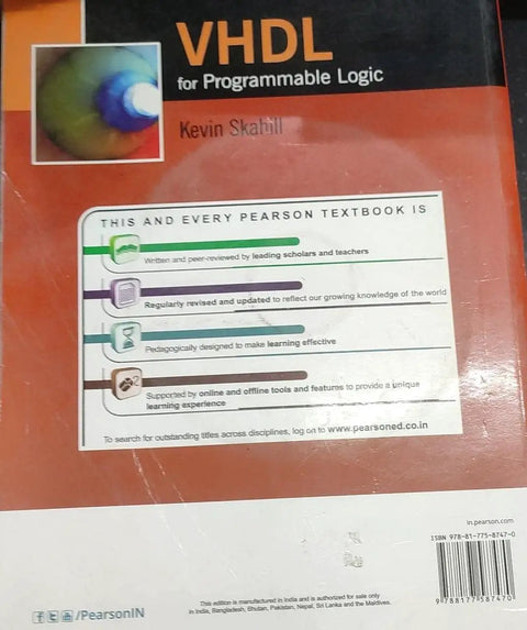 Back cover of 'Vhdl For Programmable Logic Hands On Guide To Architecture Features' with Pearson highlights.