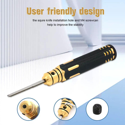 Top Shelf Modeling Scribe Tool Kit With Seven Heavy Duty Razor Chisel Blades For RC Car And Drone Repair Classic Edition Hobby Engraving Pen Set Ready To Roll In Tight Carry Case close-up of user-friendly scribing pen with golden accents