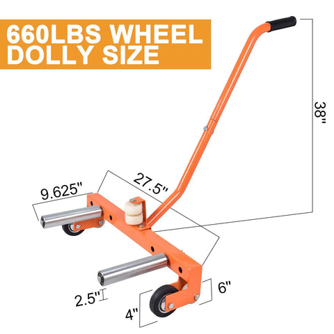 Heavy Duty Truck Wheel Dolly Featuring Rock Solid Greaseless Bearings And Fully Adjustable Height Platform To Roll Massive Tires Smoothly Without The Hustle on a shop floor measuring 660 lbs capacity.