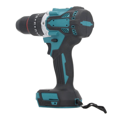 No Fuss 18V Cordless Impact Drill With A Grippy All Metal Keyless Chuck and Hammer Driver Mode side view, showcasing durable design.