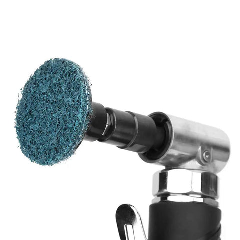 Badass 90 Degree Pneumatic Angle Grinder With Slick Ergonomic Comfort Grip And Tight 20000 RPM Air Die Tool close-up of abrasive attachment.