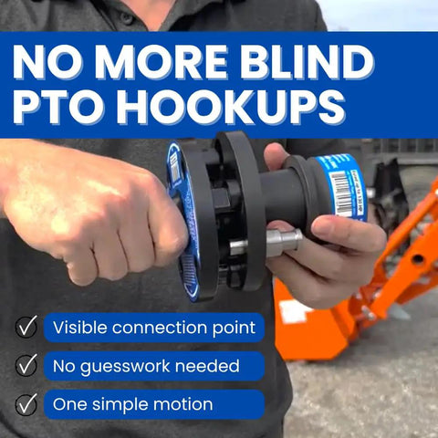 Close-up of Built Tough PTO Quick Connect Quad Bundle for Tractors 35 to 130 HP with hand holding a coupler