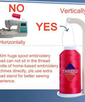 Diagram showing vertical thread spool stand for large embroidery spools next to a sewing machine with a horizontal setup.