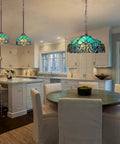 Sea Green Tiffany Pendant Light With Stained Glass, 8 Inch Wide Victorian Style Hanging Lamp for kitchen over island