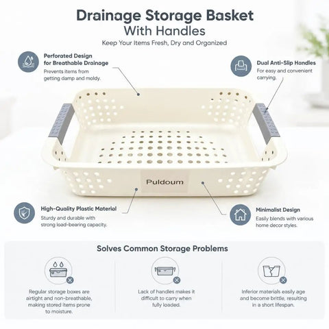 Heavy Duty Plastic Storage Bins With Open Top Design For Zero Stress Home Organization, beige drainage storage basket with handles.