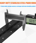 Heavy Duty 2 Pack 18 Inch Black Stainless Steel Piano Hinges measured with a caliper for precise dimensions.