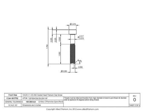 Top Tier Grade 2 Pure Titanium Socket Head Cap Screws 1/4-20 X 1-1/2 Inch Unc technical drawing with dimensions.