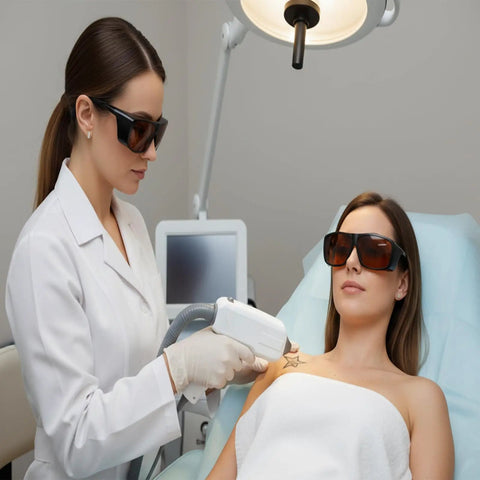 Top Shelf Laser Tattoo Removal Safety Glasses With Od5 Brown Lenses deliver kick ass eye protection during a tattoo removal session.