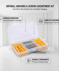 Drywall Anchors And Screws Kit With PP Plastic Wall Plugs And Stainless Steel Screws in open case, for hollow and solid walls