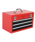 Heavy Duty Rolling Tool Chest With Sturdy Swivel Wheels And Three Smooth Drawers Plus Versatile Removable Top Box For Hella Garage Organization And Straight Up Solid Storage in red metal.