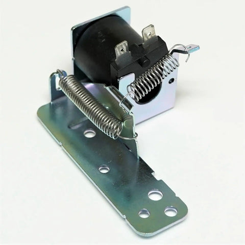 Angled Tab Dishwasher Drain Solenoid Assembly Kit With 120V Coil, metal bracket and springs, plug-and-play replacement shown