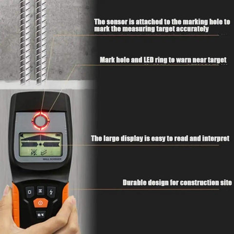 Top Rated 4 In 1 Stud Finder Wall Scanner showing large display with sensor for marking and locating materials behind walls.